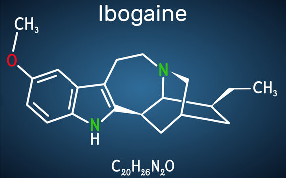 Ibogaine molecule. It is monoterpenoid indole alkaloid, psychoactive substance, hallucinogen, psychedelic. Structural chemical formula on the dark blue background.