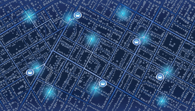 Gps map navigation to own house with smartphone app. Location mark and automobile sign. Passenger location sharing for driver. Isolated connected vehicle remote data monitoring. Autonomous online car.