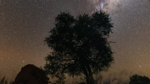Captivating footage of the Milky Way galaxy shot in Namibia's starry night sky with perfect visibility. Witness the stunning beauty of our galaxy in motion.