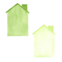 A set of watercolor illustrations of houses with roofs and chimneys of rich green and light green color. highlight on a white background. Suitable for textile design, printing, web design