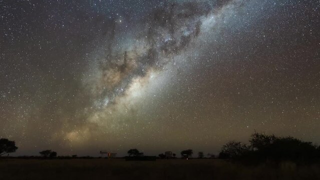 Captivating footage of the Milky Way galaxy shot in Namibia's starry night sky with perfect visibility. Witness the stunning beauty of our galaxy in motion.