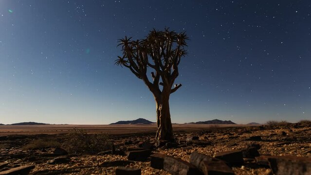 Moonset over the Namibian Desert with a Quiver tree in the foreground.
