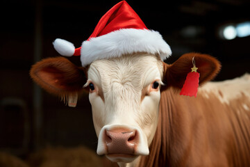 bull in Santa hat on black background. cow in Christmas hat looks at camera. Symbol of the year. chinese horoscope. Calendar. New year 2024. Holiday december, Christmas, Happy New Year
