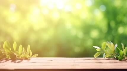 Beautiful spring background with green juicy young foliage and empty wooden table in nature outdoor. Natural template with Beauty bokeh and sunlight, leaves on wooden table, Generative AI
