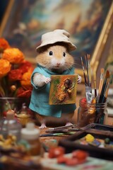 Tiny hamster paints in atelier.generative ai
