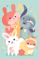 colorful playful kids illustration of cute funny fantasy animalsin pastel colors