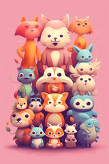 colorful playful kids illustration of cute funny fantasy animalsin pastel colors
