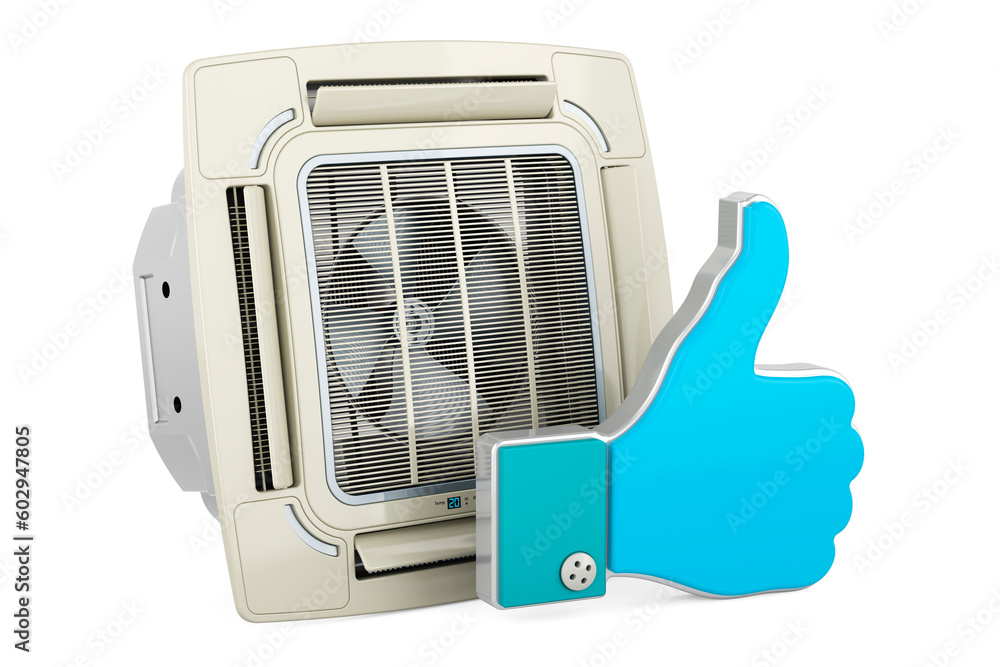 Poster ceiling cassette unit, indoor unit of air condition with like icon. 3d rendering