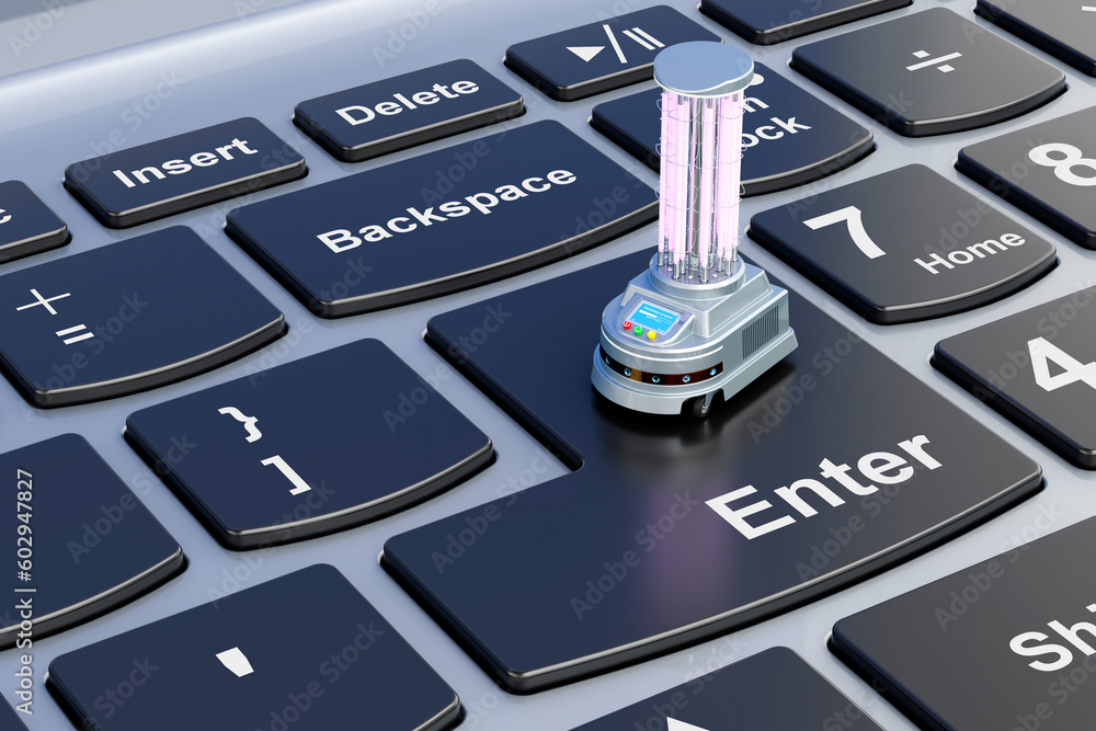 Aufkleber uv-disinfection robot on laptop keyboard. 3d rendering
