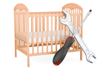 Baby crib, infant bed with screwdriver and wrench. 3D rendering