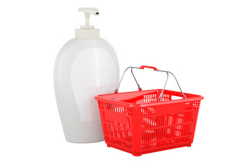 Fototapeta premium Soap bottle dispenser with shopping basket. 3D rendering