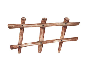 Watercolor illustration. Hand painted brown wooden fence for domestic animals. Garden fencing. Hedge for stables, pigsty, cowshed in villages, farms. Household stuff. Isolated clip art for banners