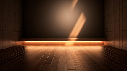 Empty wall and wooden floor with interesting lights. Interior background for presentation