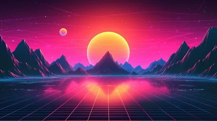 Deurstickers Generative AI, 80s retro futuristic sci-fi., nostalgic 90s. Night and sunset neon colors, cyberpunk vintage illustration. Sun, mountains and palms. Retrowave VJ videogame landscape. © DELstudio