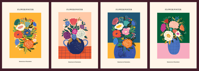 Vector set of art posters in retro style. Collection of art vector floral posters. Beautiful flower collection of posters with decorative flowers, roses, leaves, floral bouquets. Notebook covers - 602948819