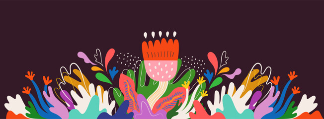 Beautiful floral banner with decorative flowers, leaves and abstract forms.