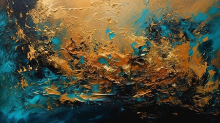 Fototapeta na wymiar Abstract art grunge paint background in deep blue and gold splash texture.