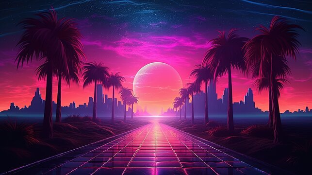 Generative AI, 80s retro futuristic sci-fi., nostalgic 90s. Night and sunset neon colors, cyberpunk vintage illustration. Sun, mountains and palms. Retrowave VJ videogame landscape.