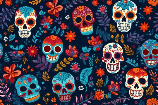 seamless pattern with mexican calavera skulls and flowers. generative AI