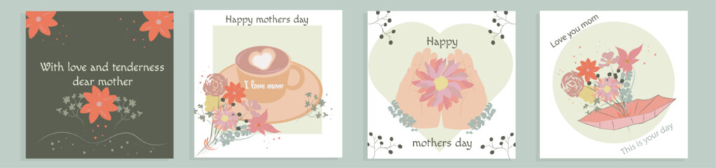 Set of cards for mother's day,flowers and coffee, a flower in the hands, flowers growing from an umbrella,flowers on a dark background