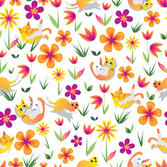 Fototapeta na wymiar White happy cats white colorful flowers seamless vector pattern. Happy day, blooming meadow, animals pattern.