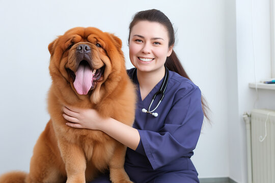 Veterinarian examining cute chow-chow dog in clinic, closeup. Beautiful  chow-chow dog at the veterinarian. Sick cute pet sitting at the examination table at the animal clinic