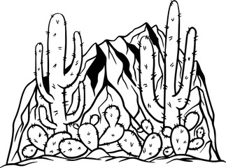 Sketch cacti in the mountains of America. Black and white sketch of Arezona cacti. Desert landscape with mescaline. Cacti for t-shirt prints, camping logo. - obrazy, fototapety, plakaty