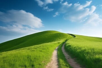 Fototapeta na wymiar A green hill with a blue sky and a path leading to it. Generative AI