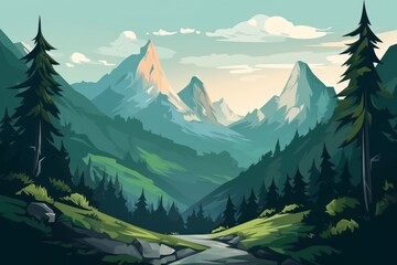 Landscape with a path and mountains in the background. Generative AI