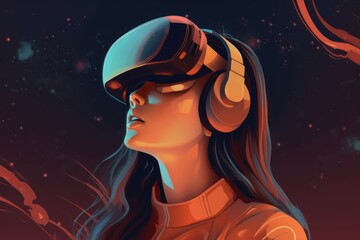 A woman wearing a vr headset looks up at the sky. Generative AI