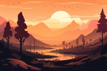 A cartoon landscape with mountains and a lake, sunset in the mountains. Generative AI