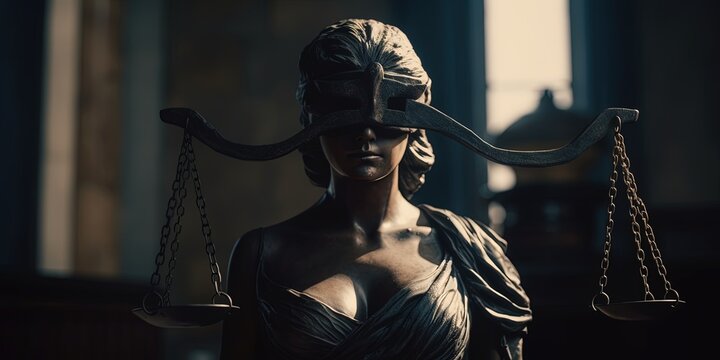 Blindfold Lady of Justice with scales in her hand. The statue of justice. Scales of justice, justice. Generative AI