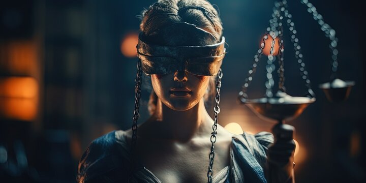 Blindfold Lady of Justice with scales in her hand. The statue of justice. Scales of justice, justice. Generative AI