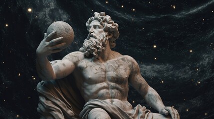 Illustration of an ancient marble statue of a greek god, situated on an asteroid in the depths of space. Generative AI