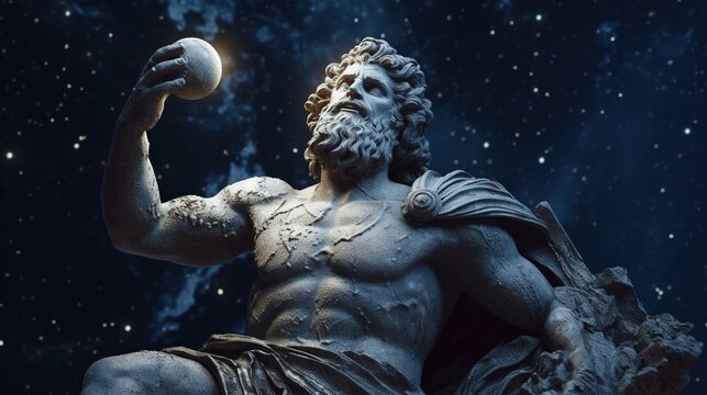 Illustration of an ancient marble statue of a greek god, situated on an asteroid in the depths of space. Generative AI