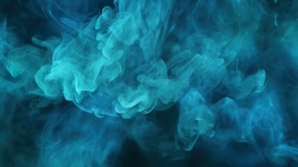 Smoke veil. Paint water. Night haze. Teal blue color glitter dust particles mist floating on dark black abstract art background with copy space