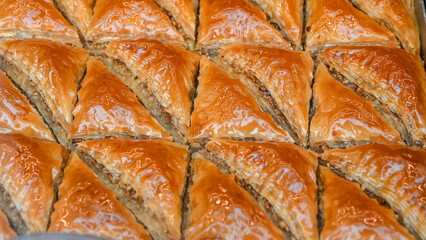 Delicious cake in pastry shop. Hand made sweets. Baklava. 