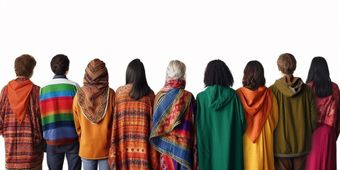 People of different nationalities in bright national clothes, viewed from the back and on an isolated background. Generative AI - obrazy, fototapety, plakaty