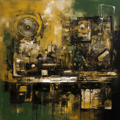 Whimsical Reverie: A Captivating Eclectic Montage of Black, Green, and Sepia Ink Oil Painting on Canvas AI generated