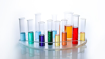 A colorful test tubes on a laboratory bench on white background. Generative AI.