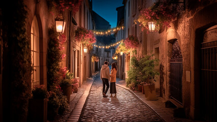 Couple Walking on Cobblestone Street at Night. Romantic Date, Evening Stroll.