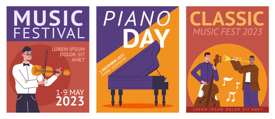 Classic music concert posters. String and wind instruments. Musicians characters. Invitational banners. Symphony orchestra. Acoustic performance. Vector musical festival cards design set