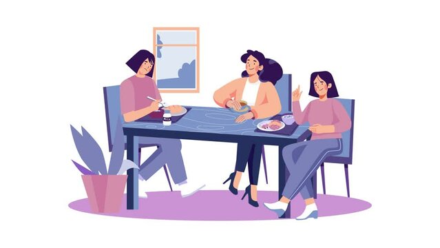 Girls eating food and gossip dinner time with family Animated 2D Video