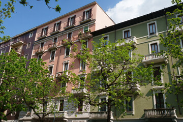 Fototapeta na wymiar Residential buildings along via Losanna in Milan, Italy