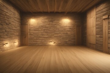 Empty room interior decoration wooden floor with neon light, stone wall concept. - generative ai
