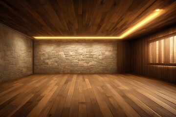 Empty room interior decoration wooden floor with neon light, stone wall concept. - generative ai
