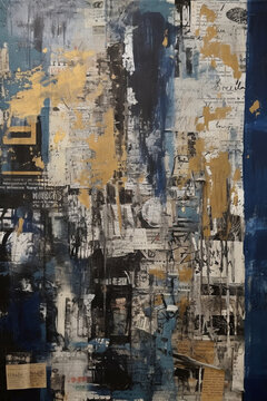Industrial Fusion: A Captivating Large Canvas Painting with Collages, Paint, and Blue-Sepia Hues AI generated © artefacti