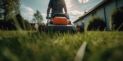 A man mowing the lawn on a self-propelled lawnmower, close-up. Man mowing lawn in the backyard of his house. Man with lawn mower. Generative AI