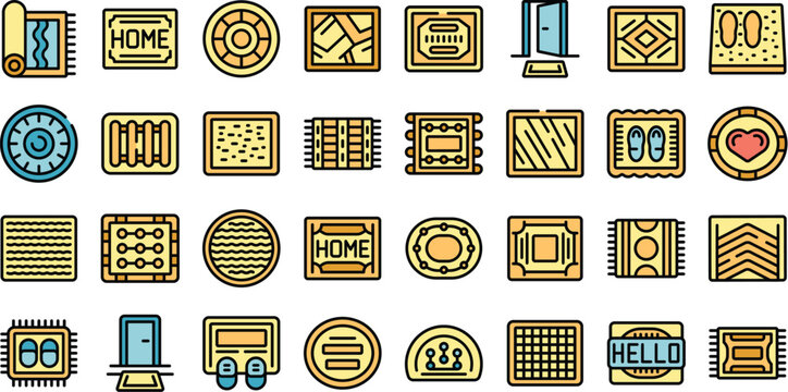 Door mat icons set outline vector. Office floor. Space rug thin line color flat on white