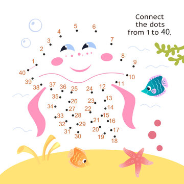 Connect the dots from 1 to 40. Educational game for kids. Cute jellyfish underwater in ocean. Activity page for children. Vector illustration. 